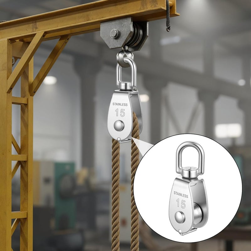 AojSup 12 Pack M15 Pulleys for Rope, 304 Stainless Steel Wire Rope Cable Pulley, Heavy Duty Swivel Pulley Wheel Hanging Wire Towing Wheel for Lifting - Image 5